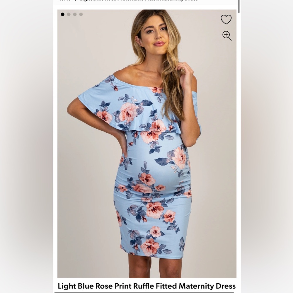 Light Blue Rose Print Ruffle Fitted Maternity Dress